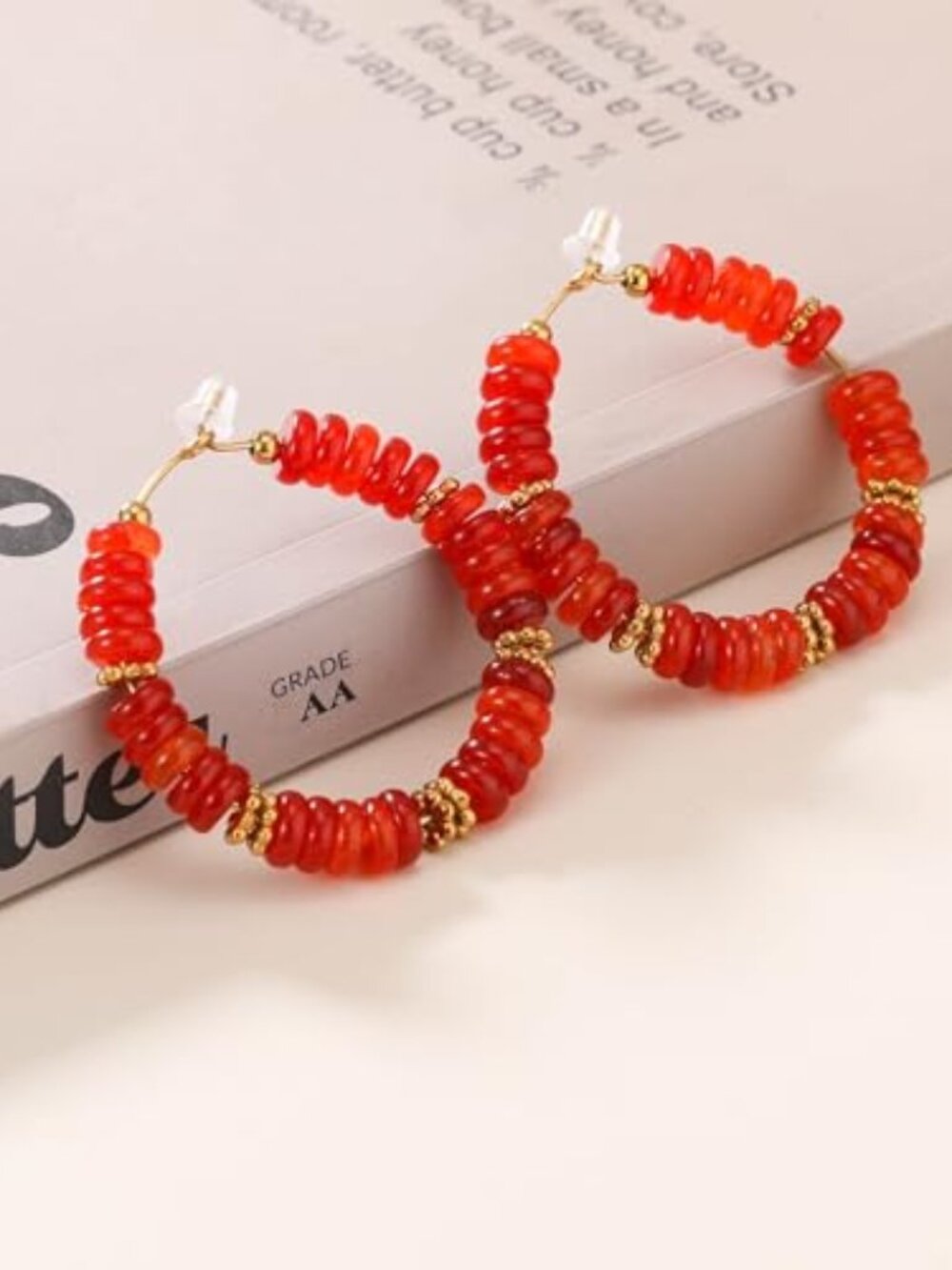 Beaded Hoop Earrings for Women Natural Stone Pink Gold Huggie Earrings